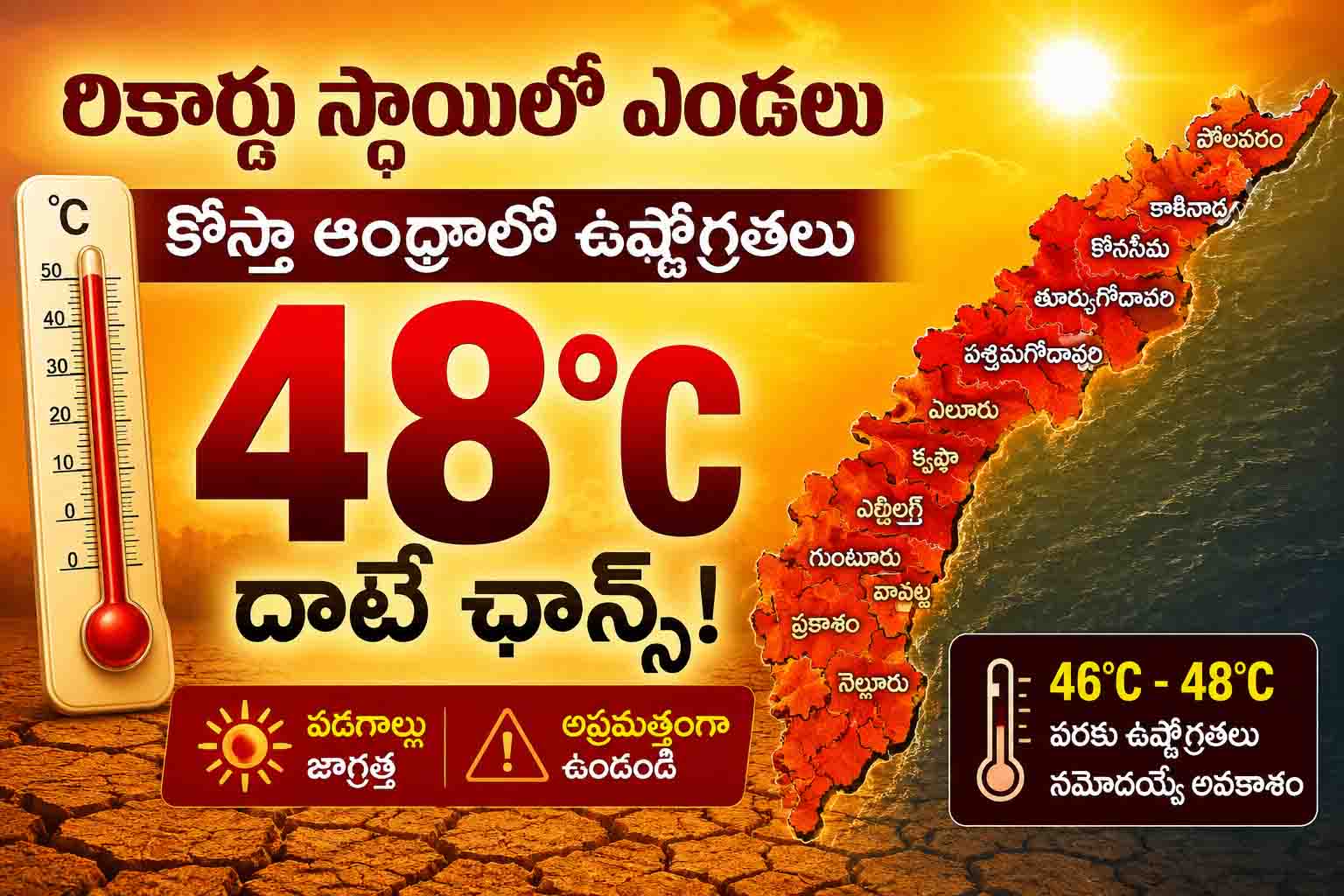 రికార్డు స్థాయిలో ఎండలు.. కోస్తా ఆంధ్రాలో ఉష్ణోగ్రతలు 48°C దాటే ఛాన్స్
