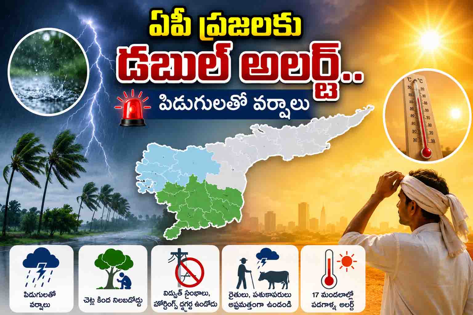 ఏపీ ప్రజలకు డబుల్ అలర్ట్.. పిడుగులతో వర్షాలు, 17 మండలాల్లో వడగాల్పుల హెచ్చరిక