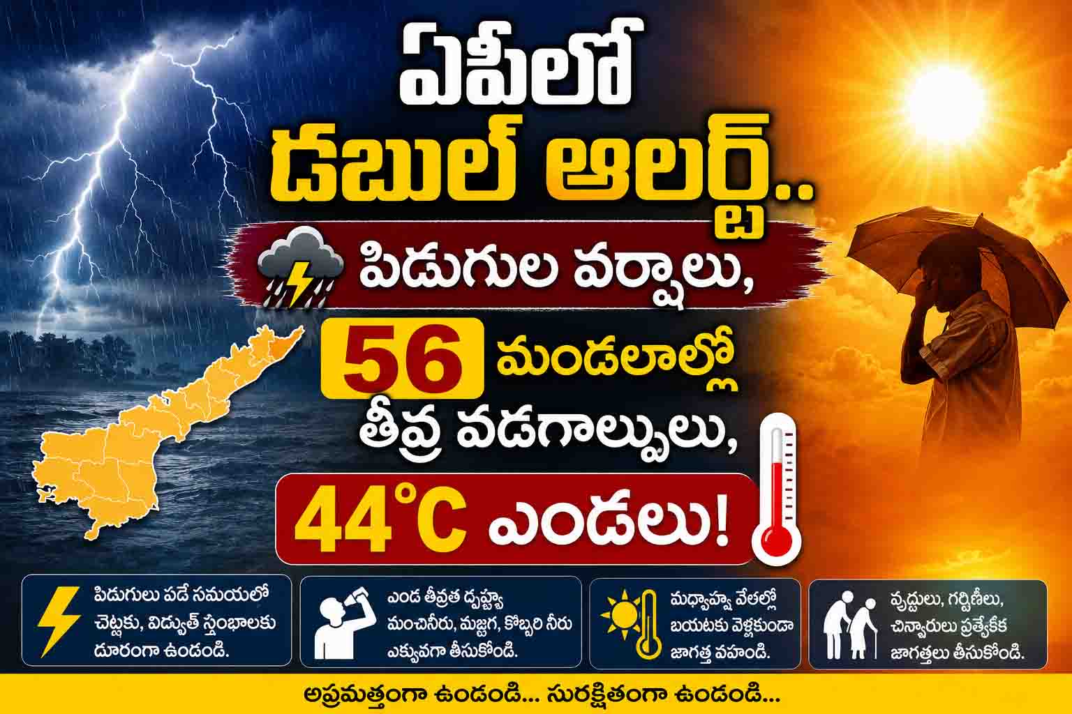 ఏపీలో డబుల్ అలర్ట్.. పిడుగుల వర్షాలు, 56 మండలాల్లో తీవ్ర వడగాల్పులు, 44°C ఎండలు!